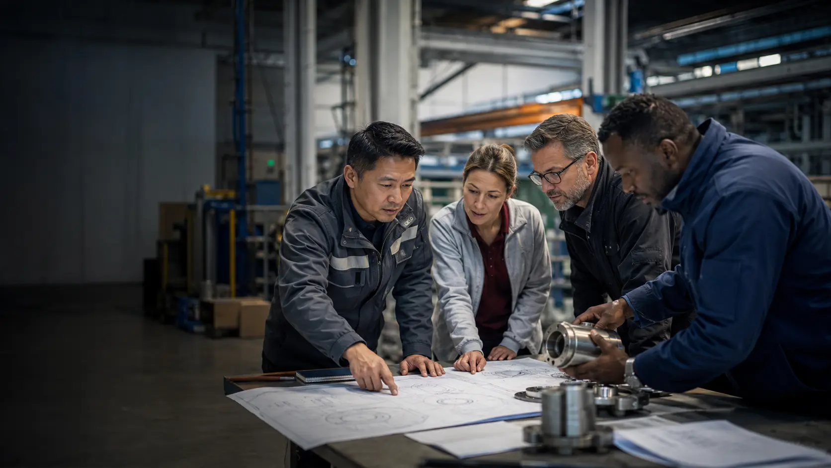 Industrial professionals reviewing equipment specifications and technical drawings