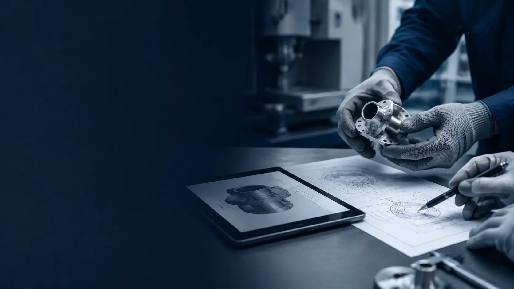 Gloved hands reviewing an industrial component, technical drawing and digital model