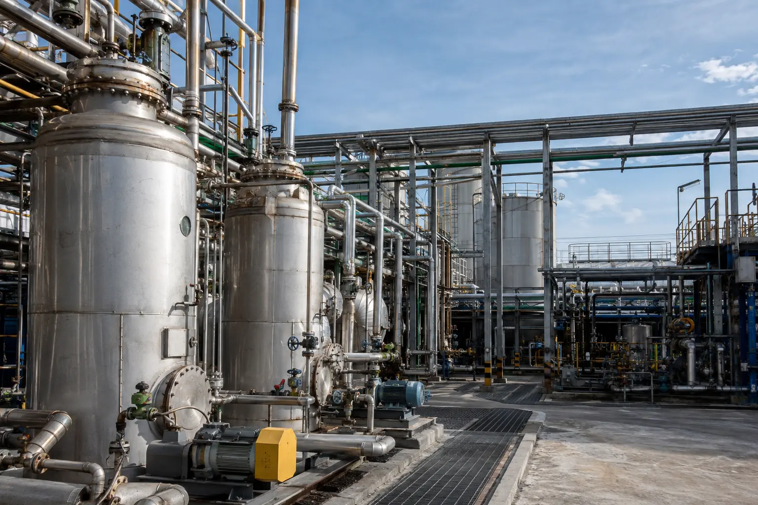 Pumps, motors, valves and piping in a chemical process facility