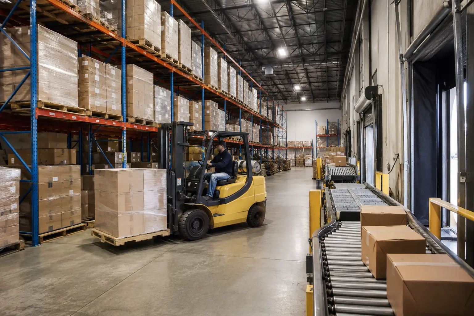 High-bay industrial warehouse with conveyors and material-handling systems