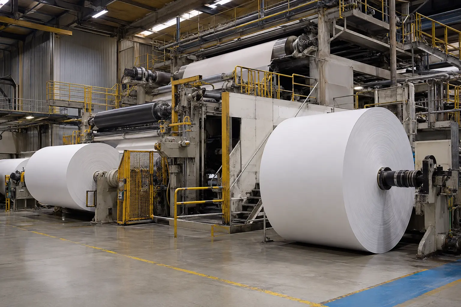 Large paper rolls and production equipment inside a paper mill