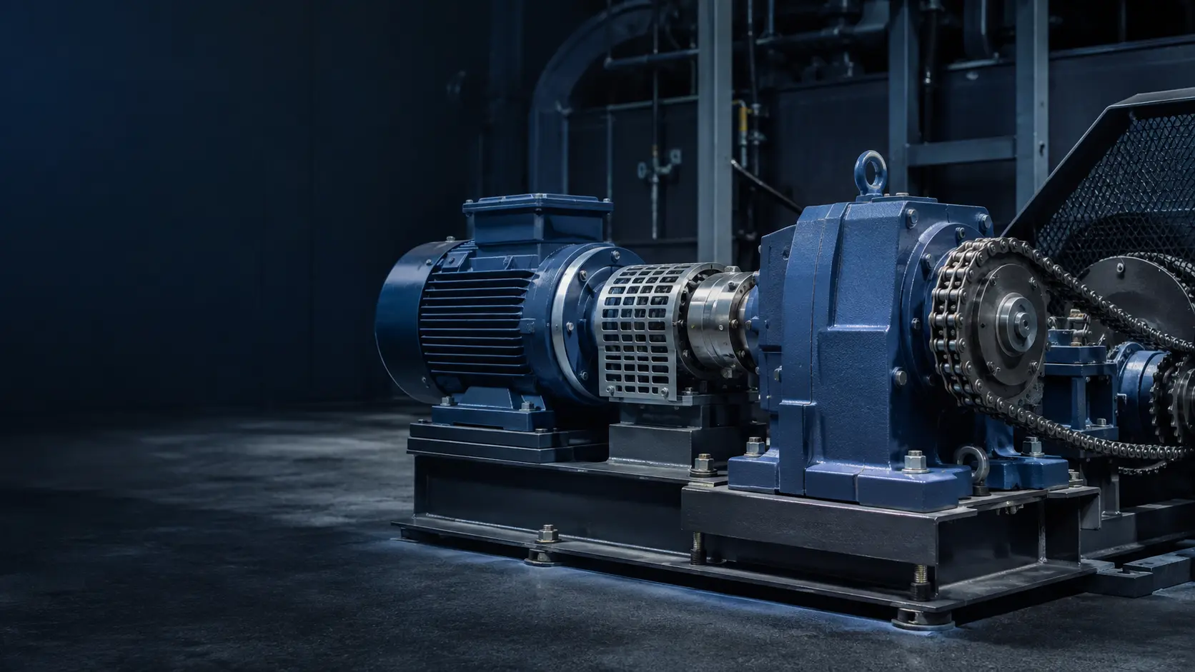 Installed electric motor, flexible coupling, gear reducer and chain drive