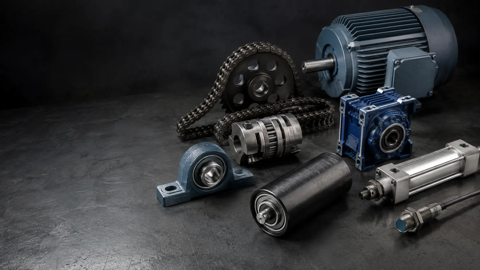 Industrial bearings, chain, sprocket, coupling, motor, gearbox, roller and pneumatic cylinder