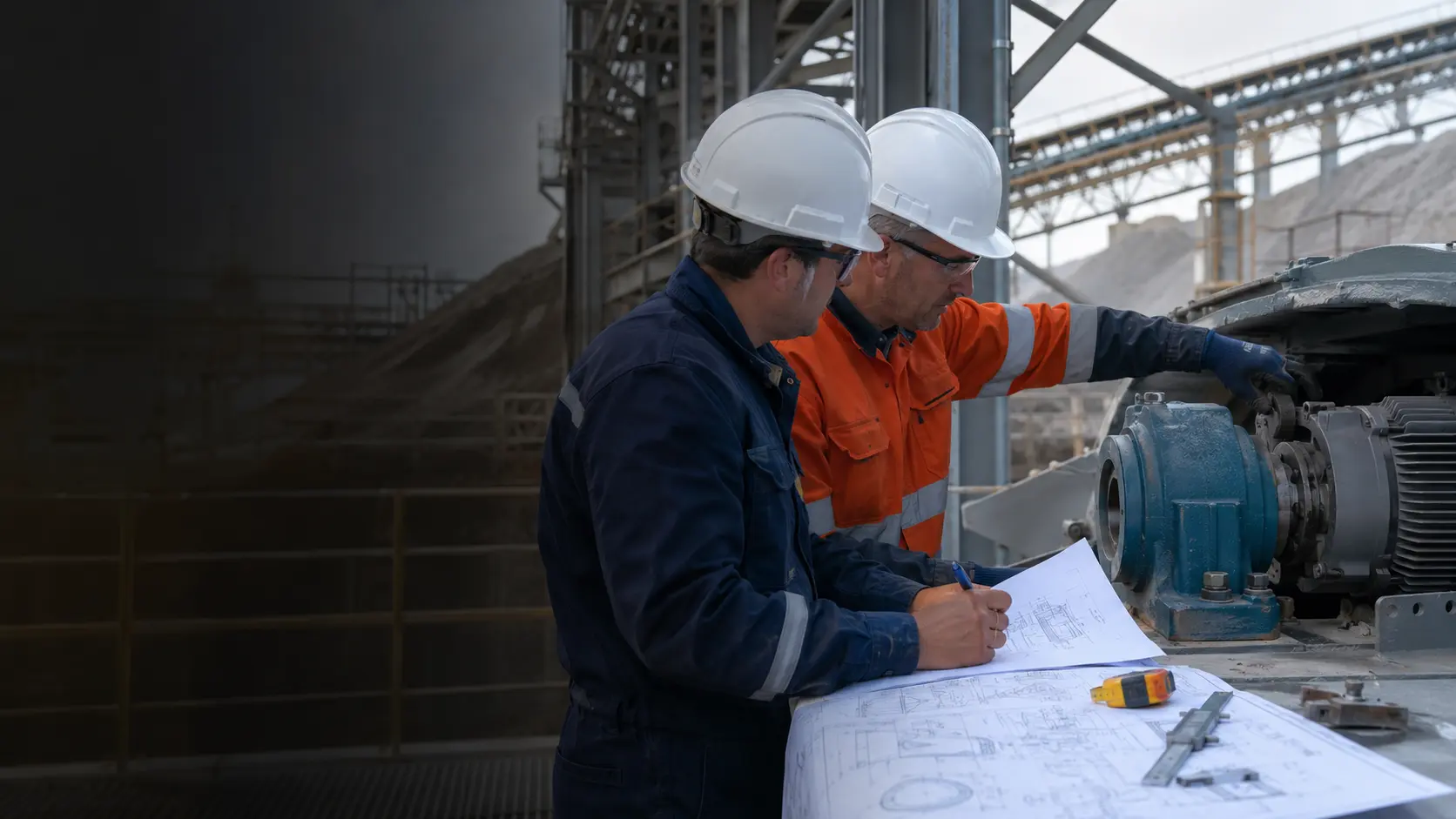 Engineers inspecting a conveyor drive during an industrial improvement project